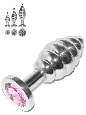 Grooved Rosebud Edelstahl Buttplug mit rosa Kristall - Large